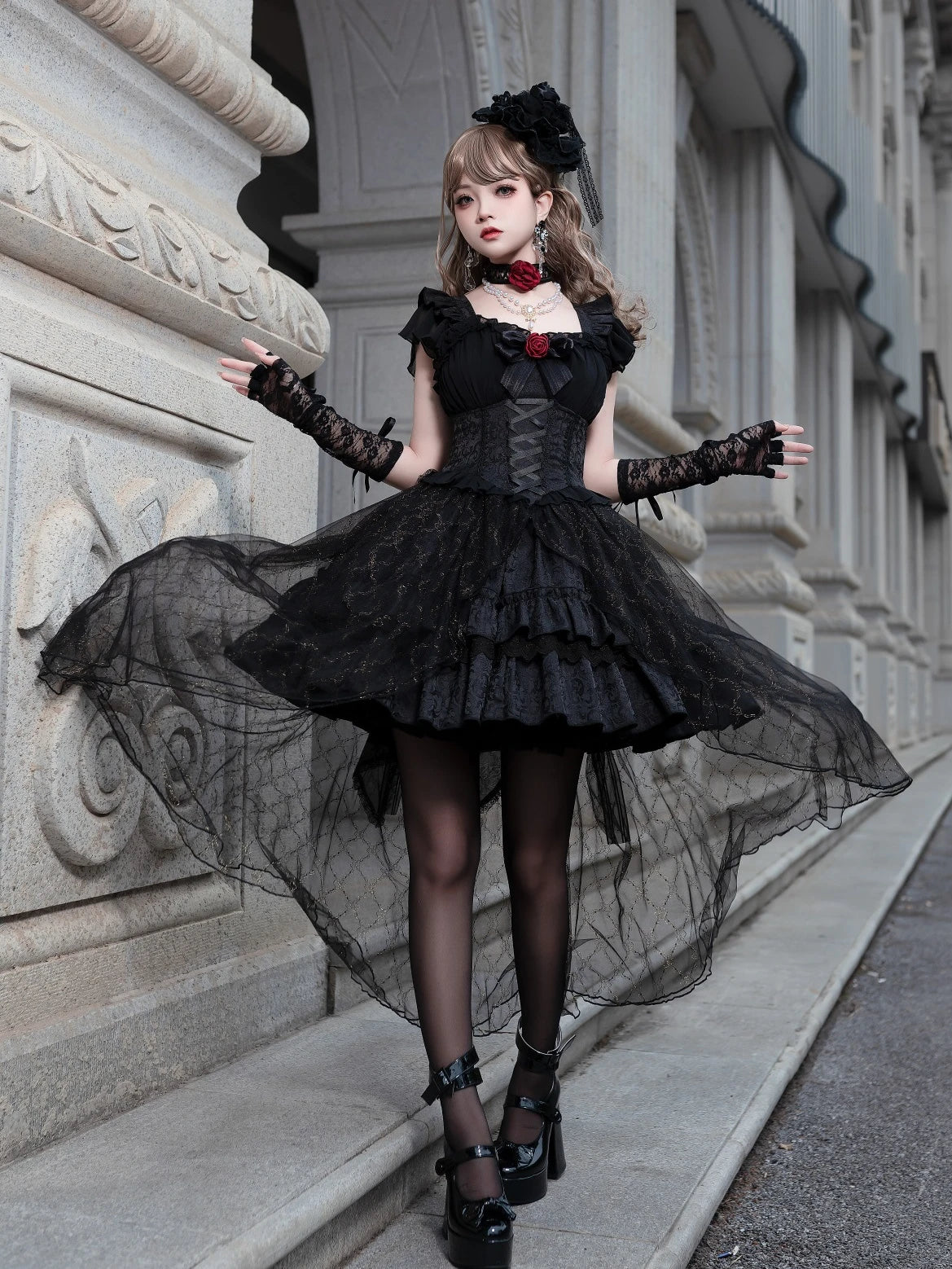 LIZAKOSHT  -  Lolita Dress Dark Rose JSK Sling Gorgeous Trailing Gothic Style