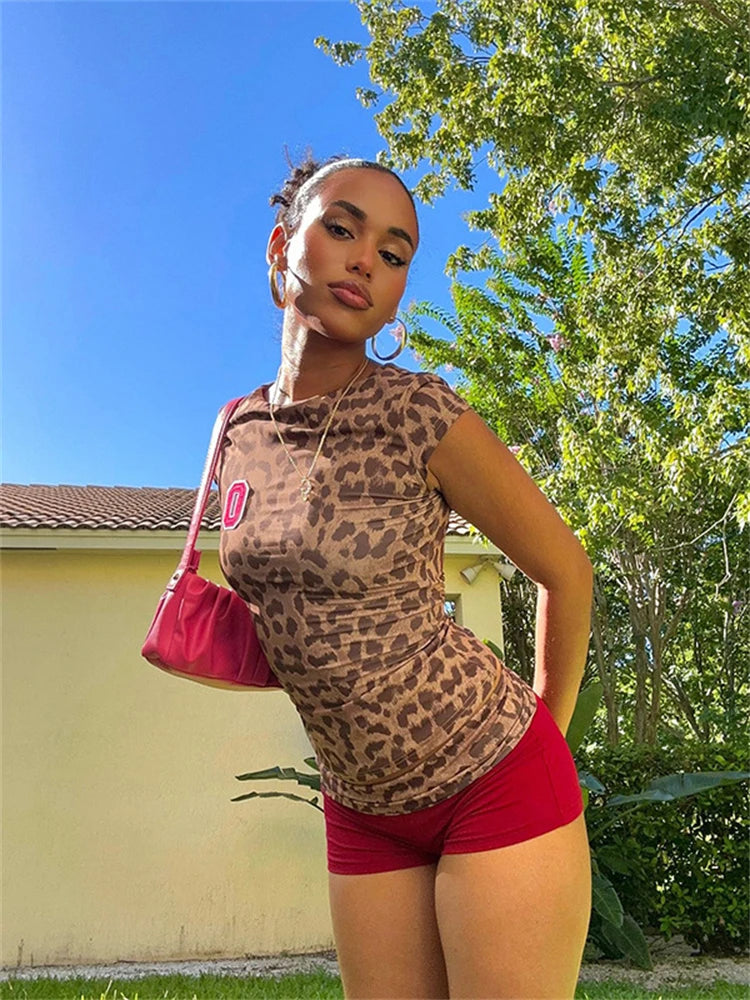 LIZAKOSHT  -  Summer Leopard Print Patchwork 2 Piece Tracksuit Vacation Casual For Women 2024 Short Sleeve Bodycon Crop Tops Shorts Set