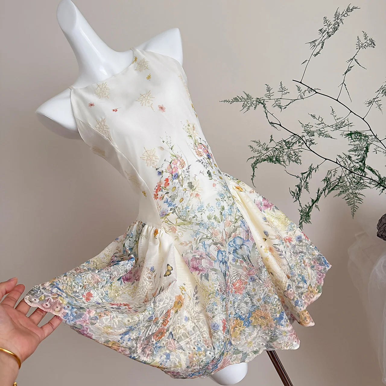 LIZAKOSHT  -  Off White Elegant Kawaii Fairycore Floral Print Chiffon Ruched Waist Halter Mini Dress Women Girls Summer Beach Party Daily Wear