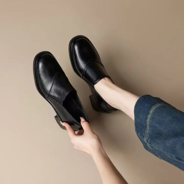LIZAKOSHT  -  NEW Spring Women Loafers Split Leather Women Shoes Round Toe Chunky Heel Shoes Concise Slip-on Daily Ladies Shoes
