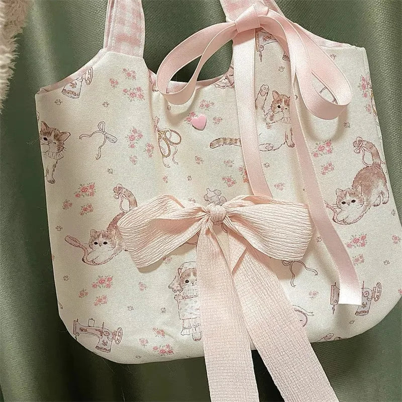 LIZAKOSHT  -  Sweet Cat Floral Print Student Handbag Lovely Girl Tote Bag Large Capacity Big Square Shoulder Bag Handbags