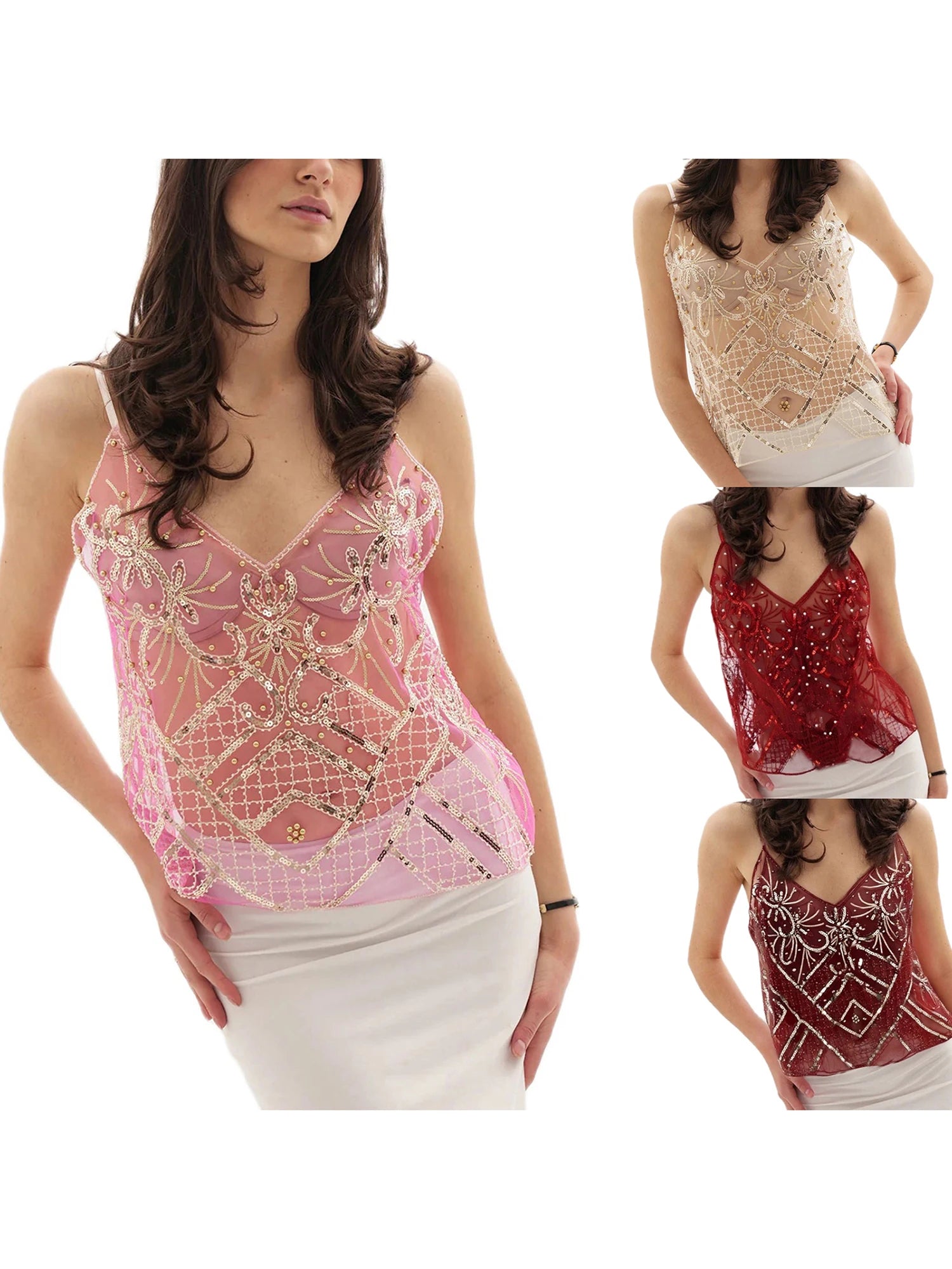 LIZAKOSHT  -  Women s Elegant Floral Lace Sleeveless V-Neck Camisole Tank Top Summer Casual Embroidered Mesh Spaghetti Strap Shirt