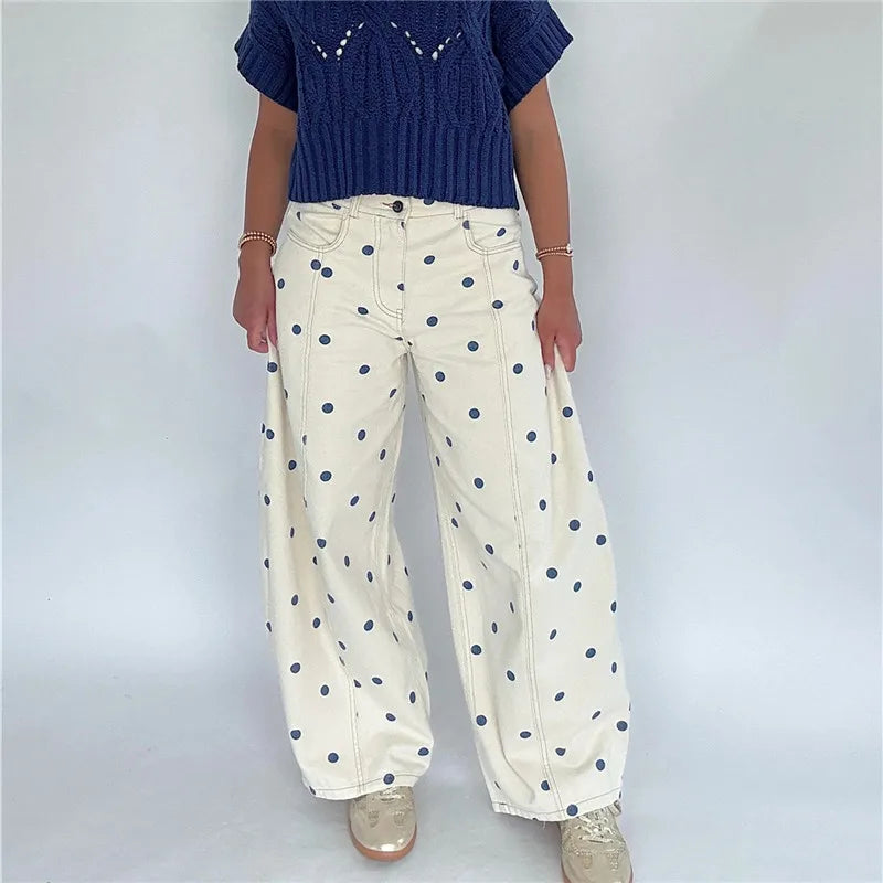 LIZAKOSHT  -  Polka Dot Jeans Women Y2K Print High Waisted Wide Leg Denim Pants Vintage Stretchy Boyfriend Jeans 90s 00s Streetwear