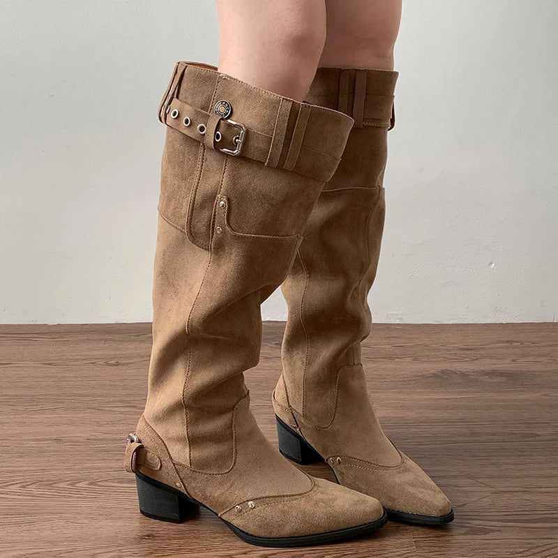 LIZAKOSHT  -  Vintage Rivet Hottie Women Knee-High Boots Fashion Belt Buckle Female Pleated Knight Long Booties Shoes