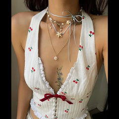 LIZAKOSHT  -  Summer Fashion Women's Wear Simple Style Casual Versatile Deep V Hanging Neck Short Top for Women