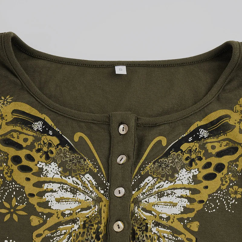 LIZAKOSHT  -  Y2k Aesthetic Vintage Butterfly Printing T-shirt Women Streetwear Grunge Slim Fit Tshirts Autumn Streetwear Button Casual Tees