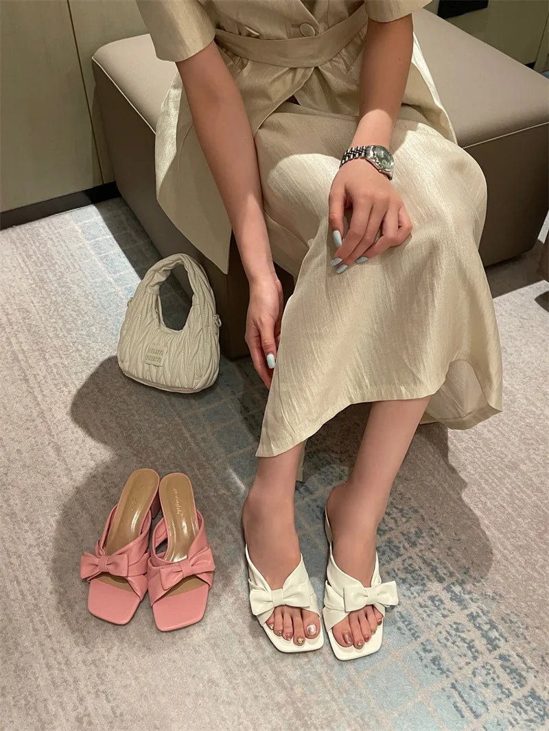 LIZAKOSHT  -  Bow Design Thick Heel Slippers Women Summer Square Head Soft Bottom Brand Sandals Comfortable Beach Casual Flats Zapatos Mujer