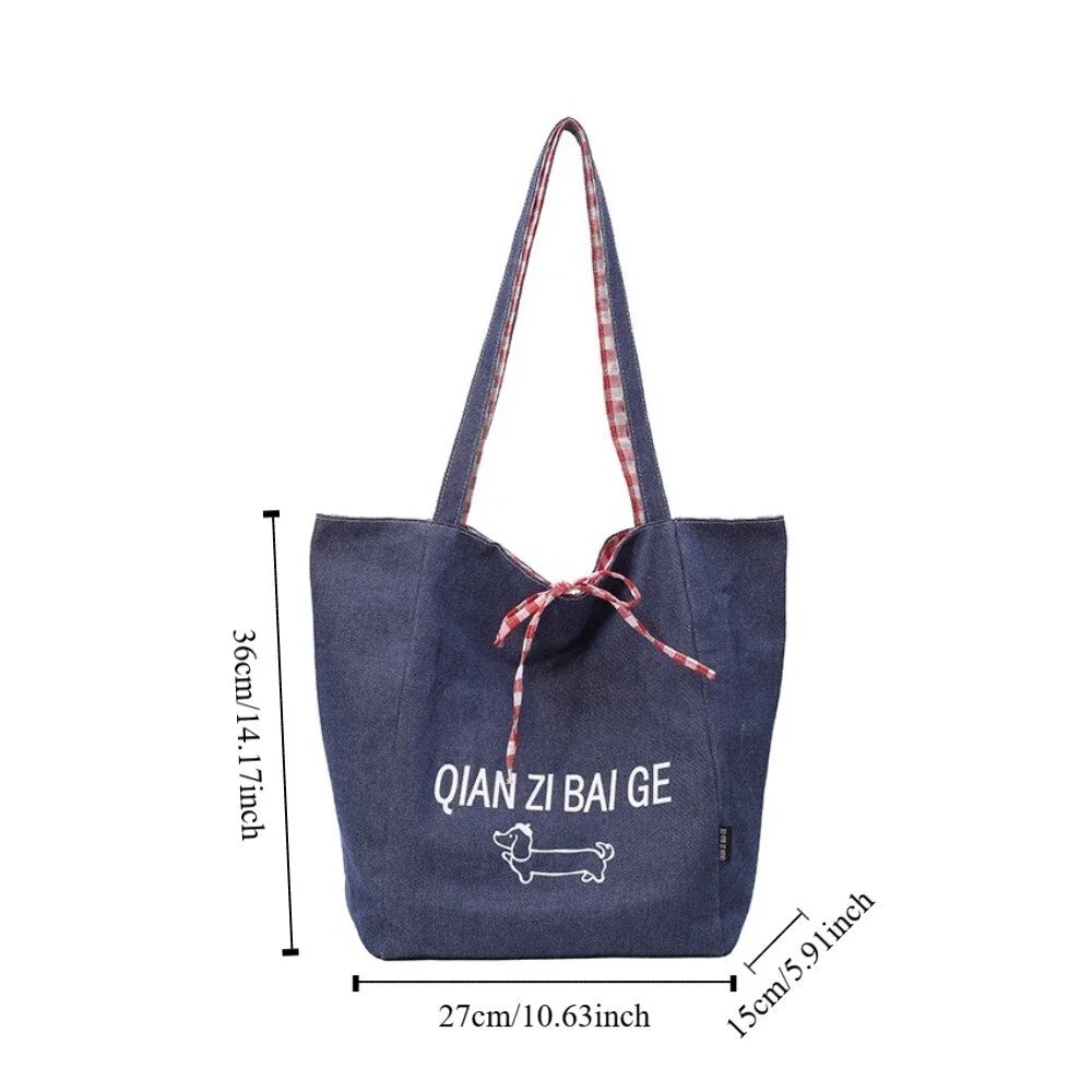 LIZAKOSHT  -  Denim Shoulder Bag Reversible Plaid Bohemian Messenger Bag Women Cute Dog Printed For Daily Use Large Capacity