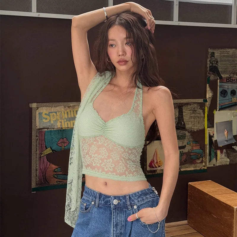 LIZAKOSHT  -  Sexy Halter Lace See Through Crop Top for Women Summer Backless Party Street Tank Low Cut Tops Y2K Fashion Basic T-Shirts Vest