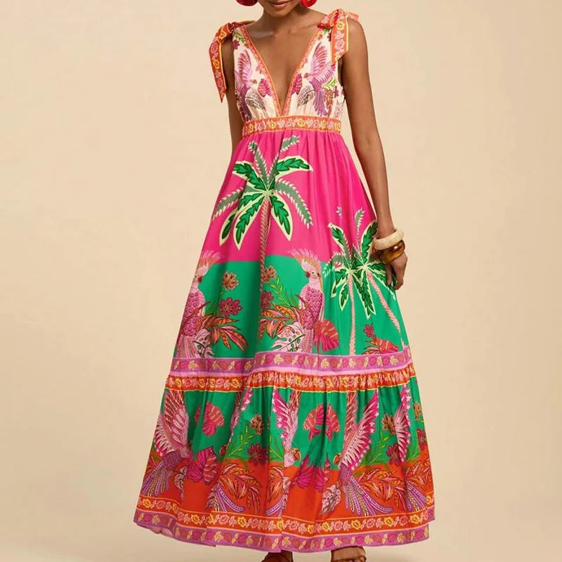 LIZAKOSHT  -  Women Fashion Print Loose Holiday Beach Dress Spring Double V Neck Backless Long Dress Summer Tie-up Sling Boho Maxi Dress Mujer
