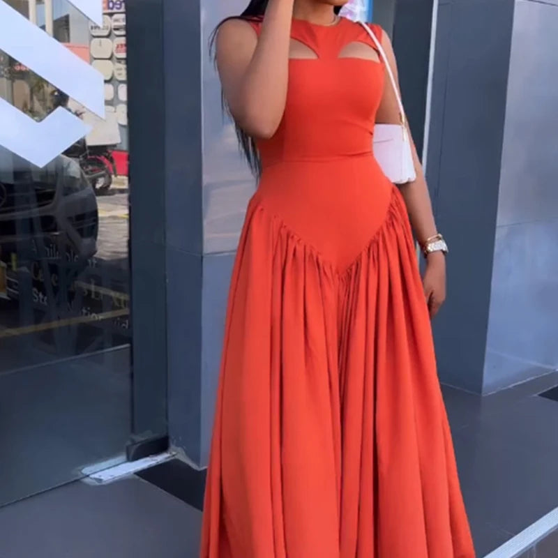 LIZAKOSHT  -  Women O Neck Summer Sleevelss Cut Out Low Waist Elegant Holiday Party Pleated A Line Sundress Chic Elastic Femme Maxi Robe