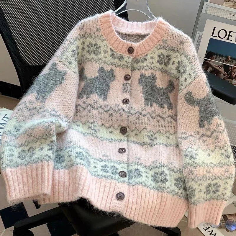 LIZAKOSHT  -  Kawaii Pink Knitted Cardigan Women Harajuku Cartoon Print Sweater Outerwears Korean Knitwears Winter Fashion Cute Jumpers