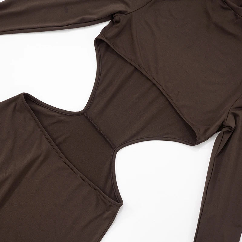 LIZAKOSHT  -  High Collar Hollow Out Solid Color Long-sleeved Bodycon Slim Dresses Sexy Split Skinny Elegant Club Maxi Vestidos