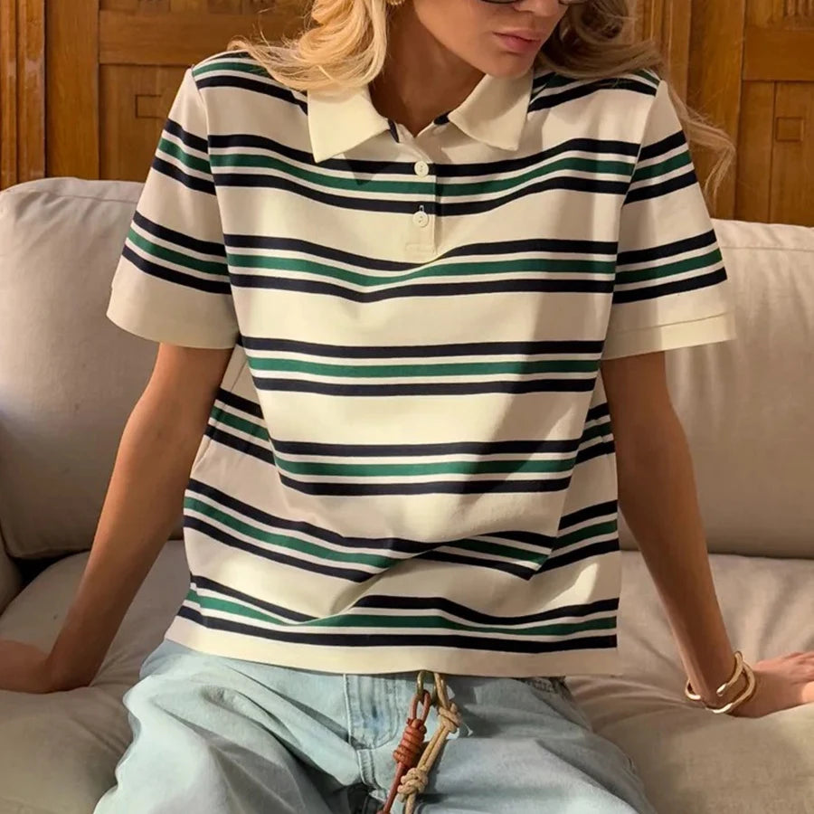 LIZAKOSHT  -  Women Summer Short Sleeve T Shirts Polo Neck Striped Design 95% Cotton Tees Summer Tops For Women Clothes