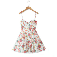 Sexy Flower Print Cotton Corset Style Sling Mini Dress Women Lace V Low Chest Ball Gown Swing Party Robe