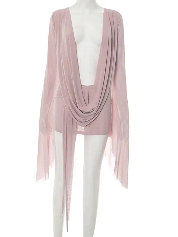 LIZAKOSHT  -  Elegant Flare Sleeve V Neck Ruched Sheer Mesh Short Dress Pink Holiday Outfits Beach Cover-Up Dress Night Out Vestidos D9WD