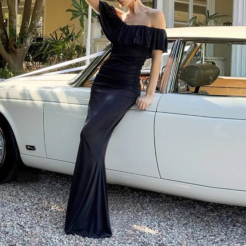 LIZAKOSHT  -  Fashion Hight Waist Draped Long Dress Lady Elegant Off Shoulder Bodycon Gown Women Casual Short Sleeve Solid Slim Birthday Dress
