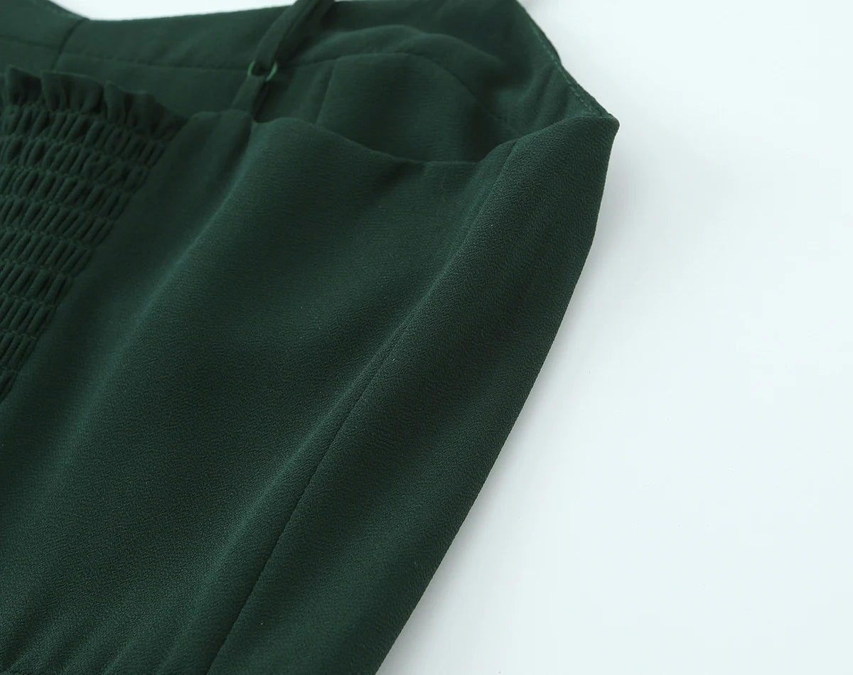 LIZAKOSHT  -  French Style Retro Dark Green V neck Corset Style Sling Dress Women Elastic Back Ruffles Hem Short Dresses Summer Robe Vestidos