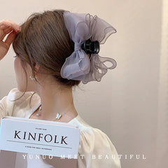 LIZAKOSHT Korea Sweet Mesh Tulle Big Bow Hair Claw Clips for Women White Black Bowknot Hair Clamp Hairpin Headdress Accessories Shark Clip