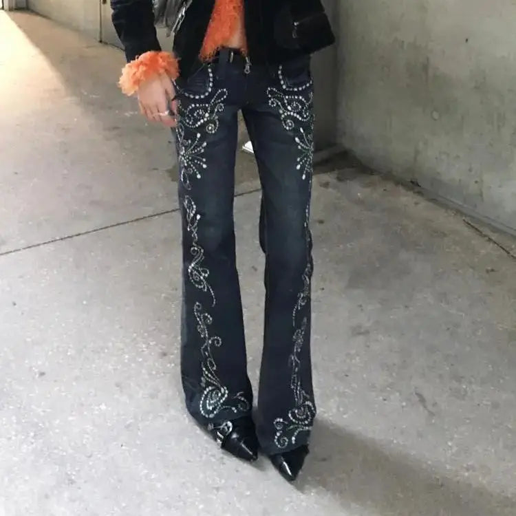LIZAKOSHT  -  American Jeans Hot Girl Printed Gem Pattern Women New Design Micro-Flared Floor-Length Trousers