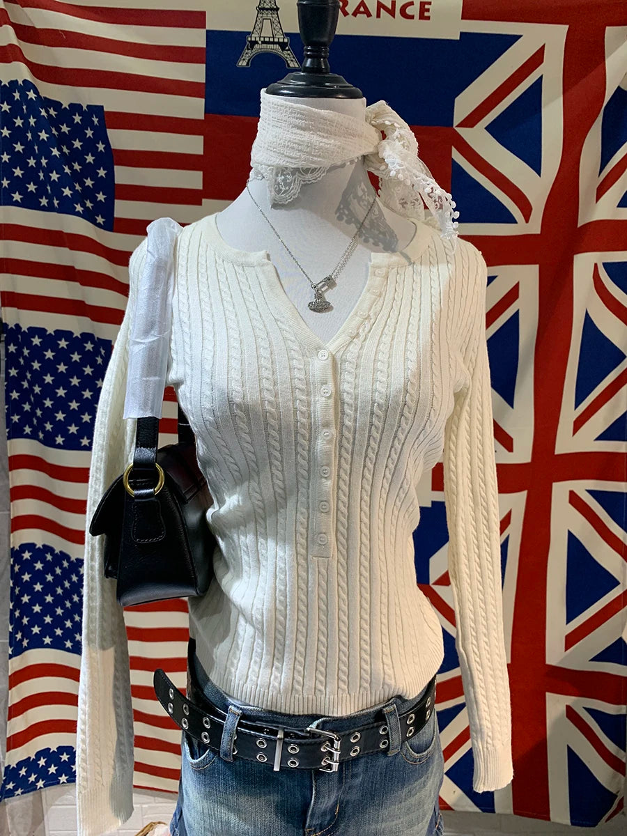 LIZAKOSHT  -  Twist Flower Buttons Knitwear Woman Autumn O-neck Long Sleeve Knitted Slim Pullovers Casual Simple Solid Baisc Sweater Y2k Tops