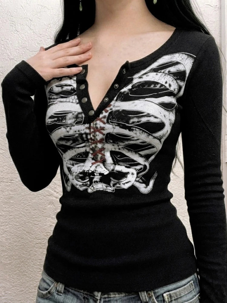 LIZAKOSHT  -  Streetwear Punk Printing Women T-shirt Harajuku Vintage Half-open Collar Button Tops Y2k Aesthetic Grunge Slim Fit Tshirts