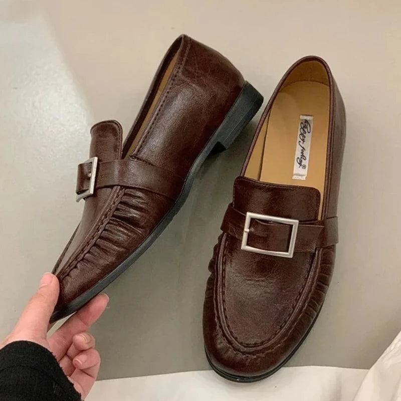 LIZAKOSHT  -  Retro Soft Leather Designer Flat Shoes Women Belt Buckle Pleated Design Comfort Loafers British Style Brand Office Shoes Ladies