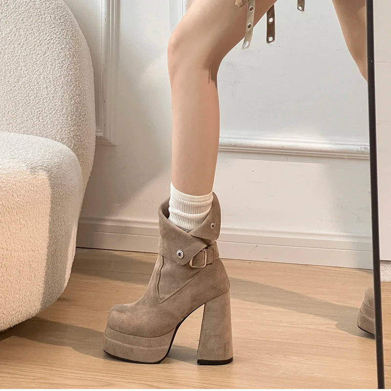 LIZAKOSHT  -  Autumn Winter Fashion High Heel Women Ankle Boots Belt Buckle Punk Shoes Ladies Short Botas Para Mujer
