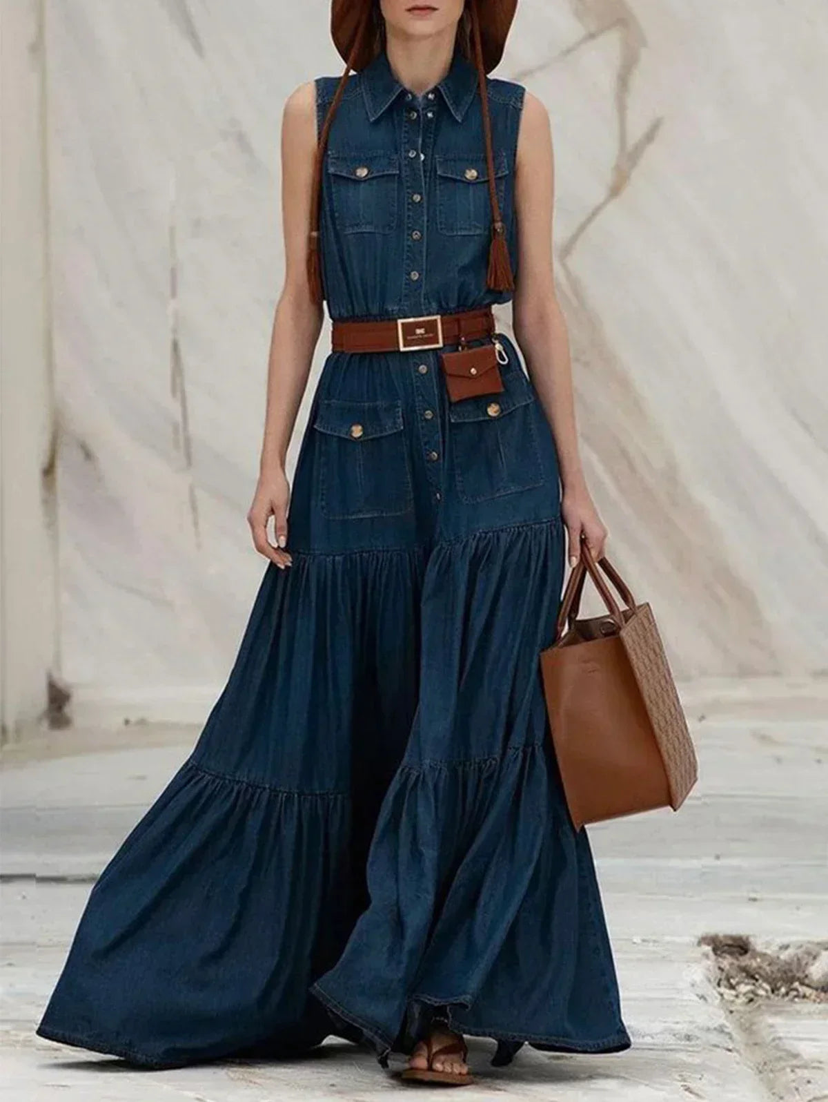 LIZAKOSHT  -  Women Fashion Demin Tank Dress Turn Down Coallr Vintage Pleated A-Line Summer Style Casual Retro High Street Pockets Dresses