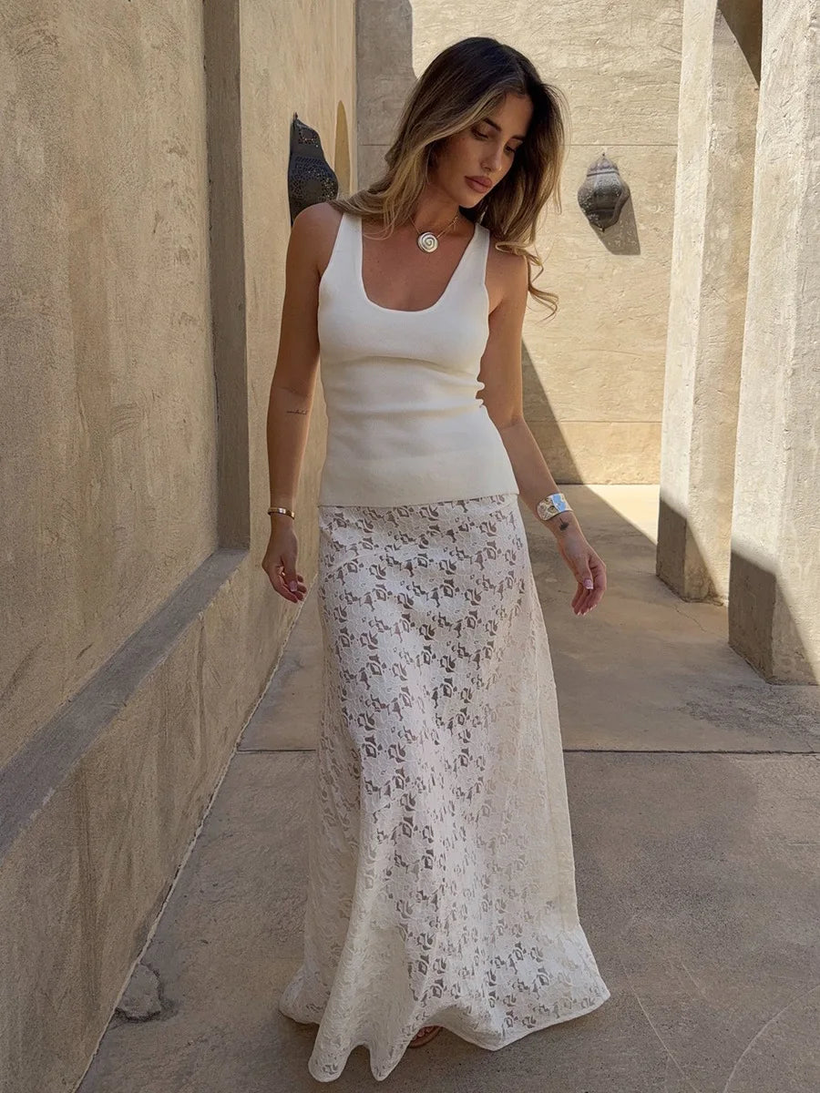 LIZAKOSHT  -  Women's Chic Streetwear White Jacquard Skirts Ankle Length Lace Midi Skirt Stylish Daily Skirt Women's Clothing