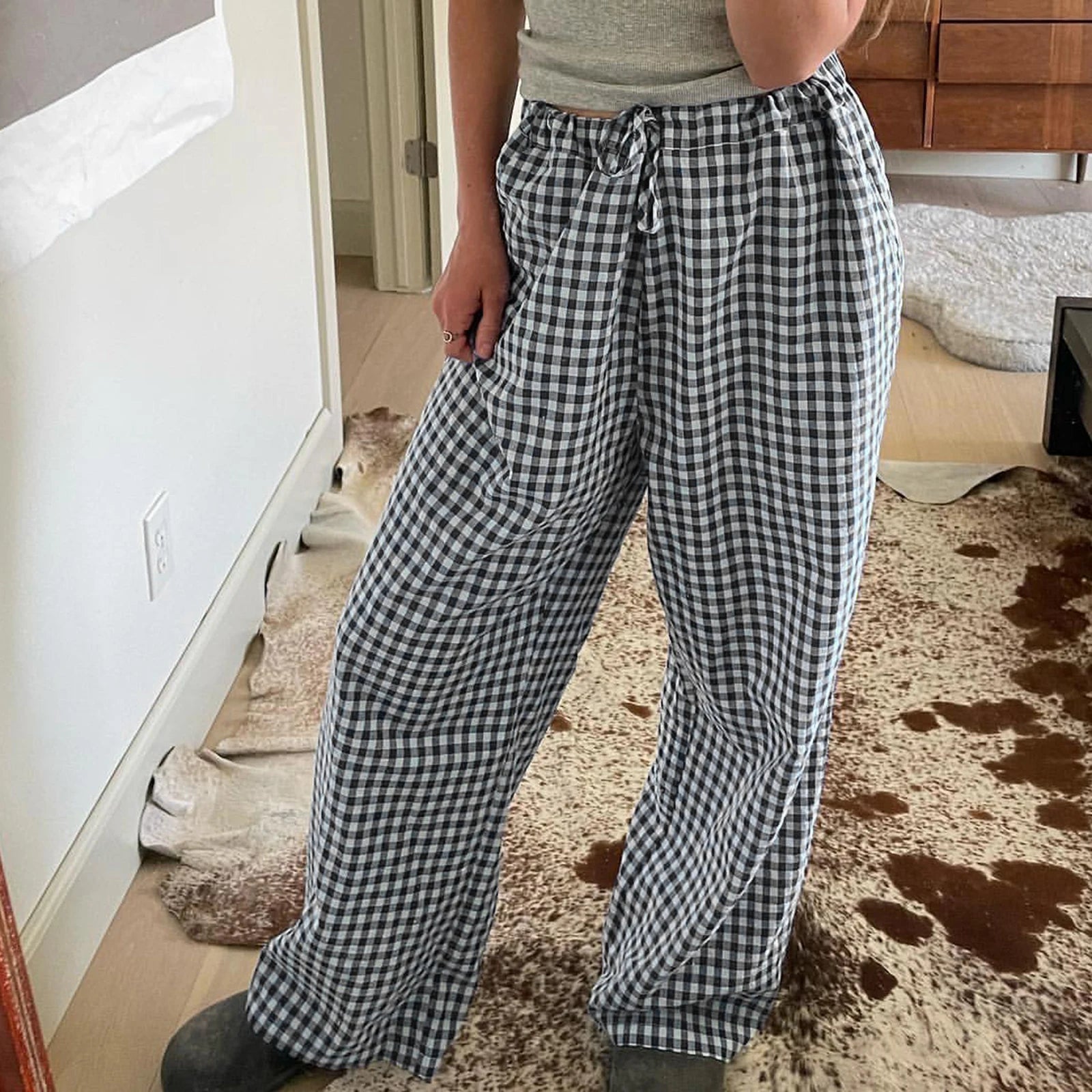 LIZAKOSHT  -  Y2K Vintage Women Girls Striped Plaid Pants Wide Leg Gingham Lounge Pants High Waist Striped Print Pajama Trousers Pants