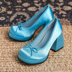 LIZAKOSHT  -  Satin Brand Designer Mary Jane Shoes Women Square Heel Ballet Shoes Shallow Bow Fashion Dress Elegant Platform High Heels Women