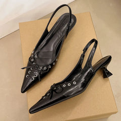 LIZAKOSHT  -  Size 42 Vintage y2k Flowers Black Pointy Toe Slingback Pumps Cross-strap Summer 5cm Kitten Heels White Lady Shoes Women