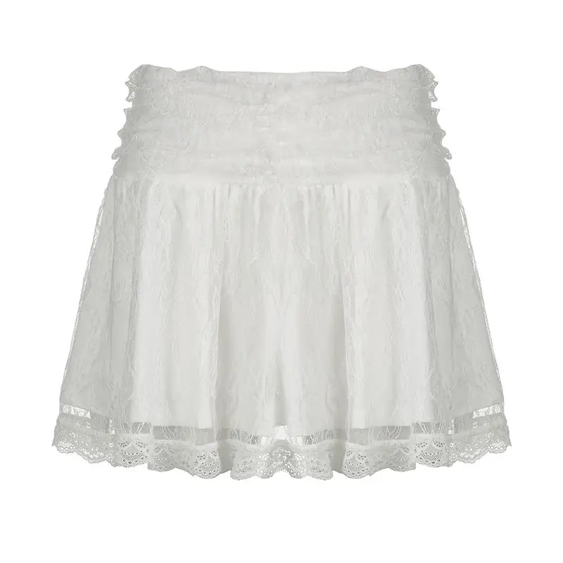 LIZAKOSHT  -  Mini Skirts Solid Patchwork Lace A-Line Pleated Skirts Basic Mid-Waisted Sweet Women Summer Fashion Streetwear Lady