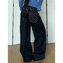 LIZAKOSHT  -  Autumn Winter Fashion Women Nail Drill Jeans Causal Wide Straight Leg Studded Rhinestone Decor Denim Pants with Pockets