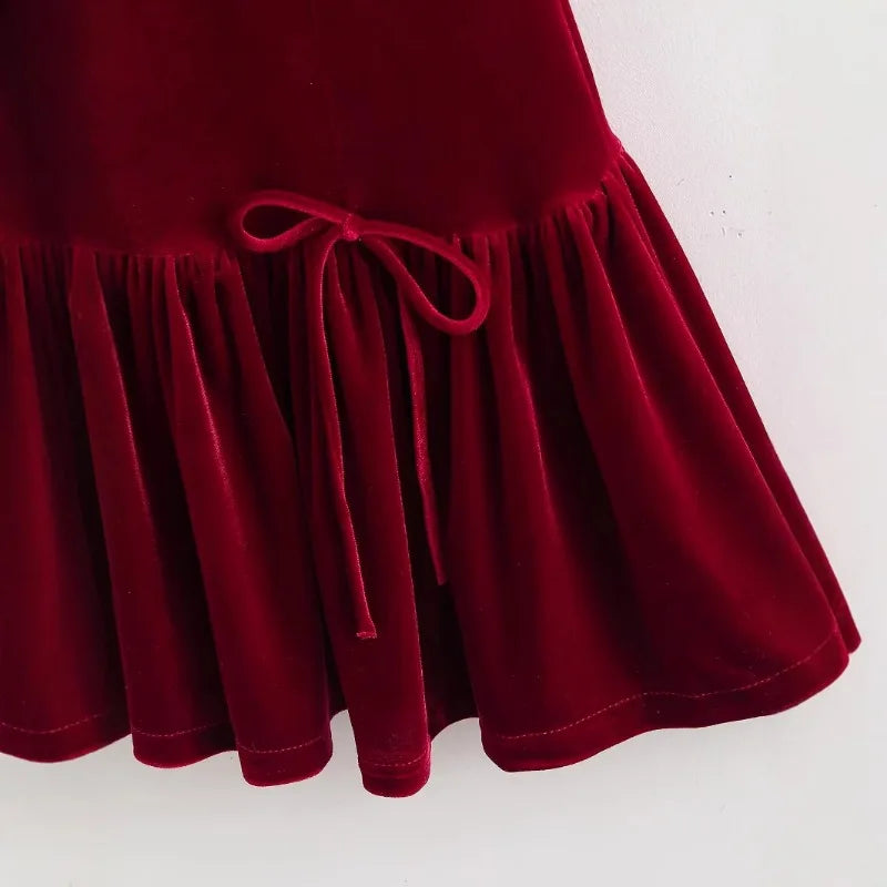LIZAKOSHT  -  Women Christmas Red A-line Mini Dress Winter New Women Fashion Simple Sleeveless Slim Velvet Bow Short Dress Vestidos