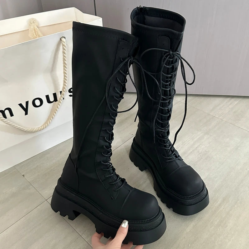 LIZAKOSHT  -  Flats Platform High Boots Women's Designer Shoes for Woman Winter Knee High Boots Lace Up Trend Goth Fashion Boots Femme