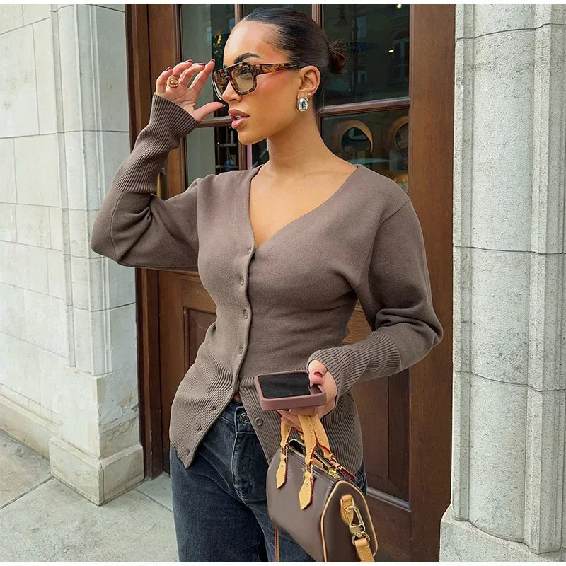 LIZAKOSHT  -  Elegant Women's Knitted Cardigan Slim V-neck Single Breasted Long Sleeve Sweater Autumn Winter Lady Vintage Solid Knitwear