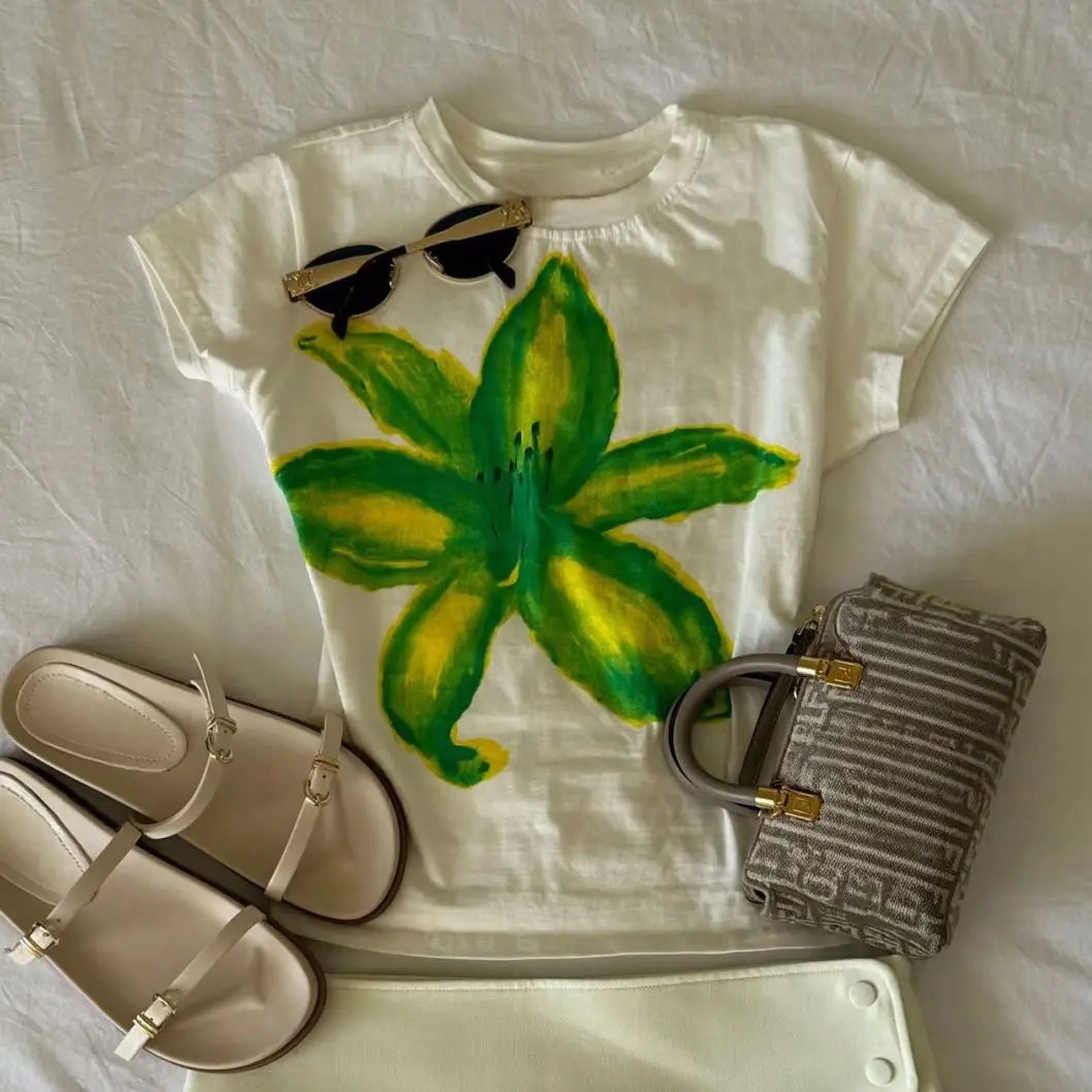 LIZAKOSHT  -  Fashionable Street Floral Print Short-sleeved T-shirt American Fashion Trend Floral Short-sleeved T-shirt Y2k Hot Girl Top