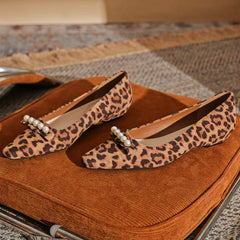 LIZAKOSHT  -  Leopard Print Flat Mules Pumps Women Square Toe Designer Shoes Women Low Heel Casual Shoes Shallow Comfort Pearl Bow Women Shoes