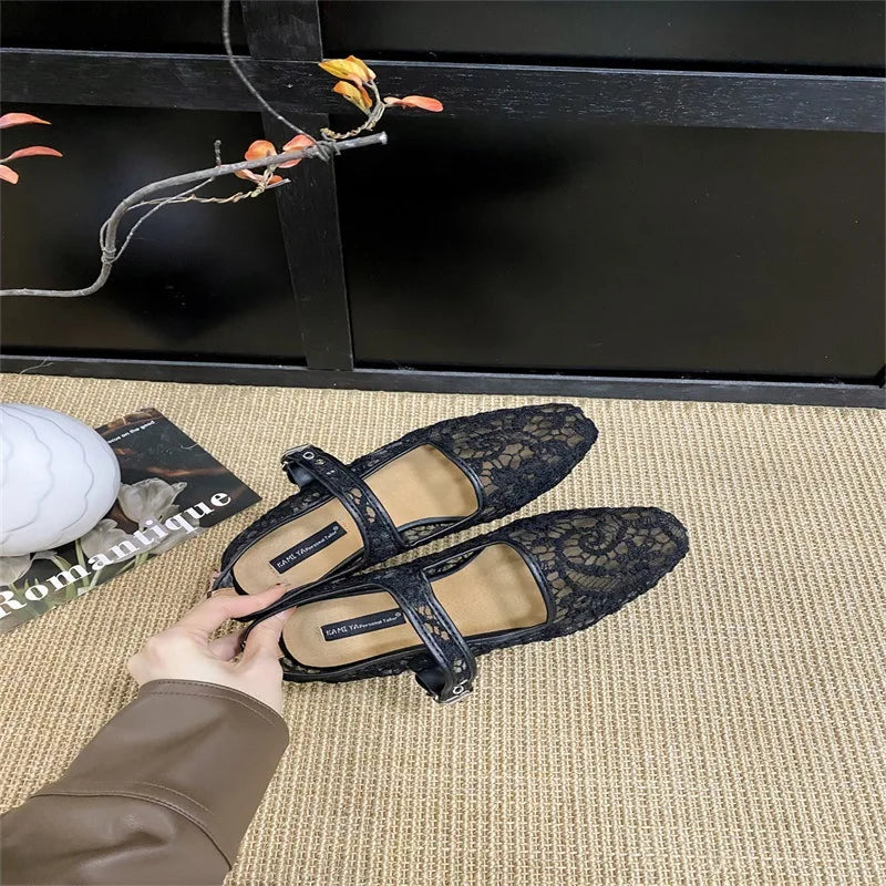 LIZAKOSHT  -  NEW Lace Women Mary Jane Shoes Fashion Shallow Buckle Comfort Soft Female Street Style Breathable Mesh Flats Sandals ﻿