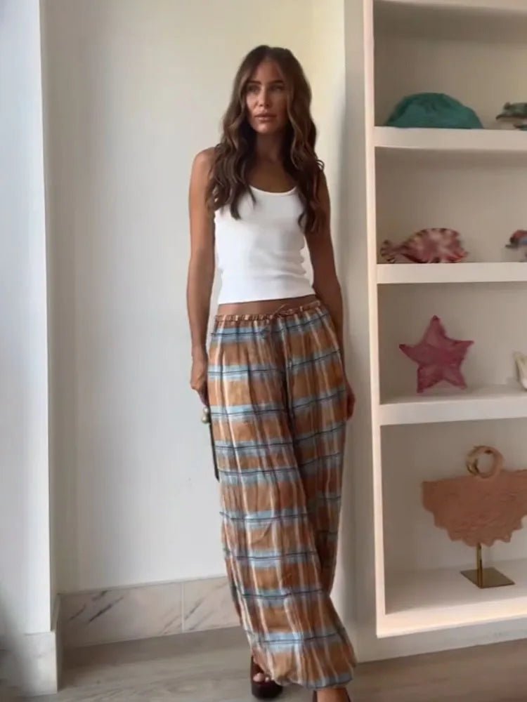 LIZAKOSHT  -  Women Autumn New Ramie Bloomers Plaid Printed Loose Pants Female Fashion Versatile Drawstring Streetwear Casual Trousers