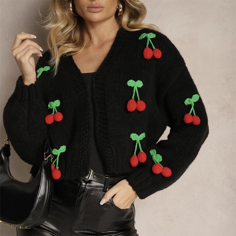 LIZAKOSHT  -  3D Cherry Knit Cardigan Women V Neck Long Sleeves Sweater Coats Female 2025 Autumn Winter Chic Fashion Solid Knitwears Lady