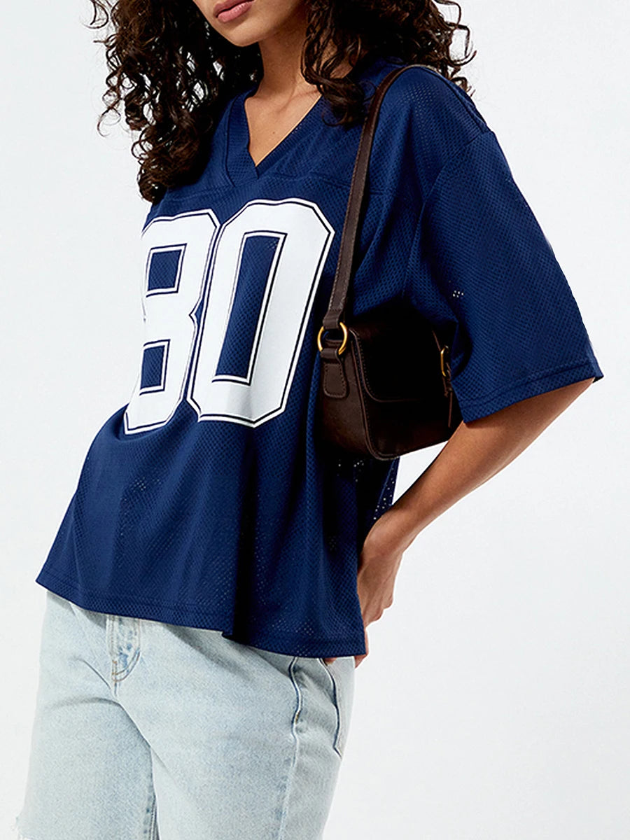 LIZAKOSHT  -  Women T-shirts Short Sleeve V Neck Contrasting Fashion Numbers Print Summer Oversized Pullover Tops Streetwear for Casual Daily