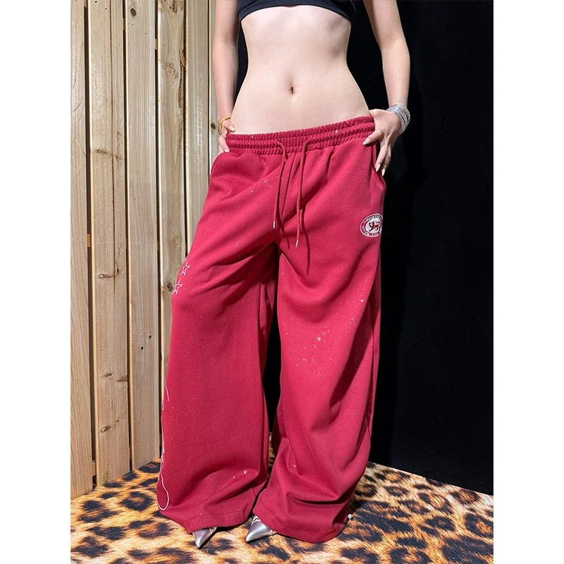 LIZAKOSHT  -  Women's Streetwear Wide‑Leg Sweatpants, Dollar Sign Embroidery Casual Sports Long Pants, Cool Fashion Autumn Winter Trouser