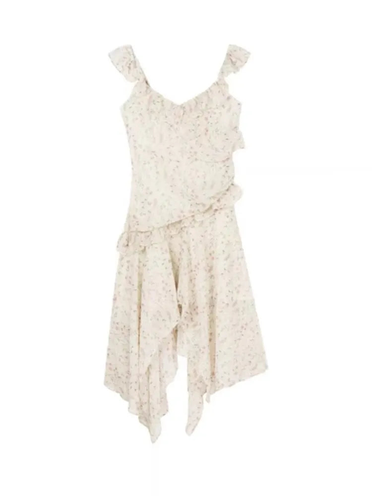 LIZAKOSHT  -  Spring and Summer Sweet Flying Sleeve Floral Halter Dress Female Design Sense Holiday Wind Fairy Print Long Dress