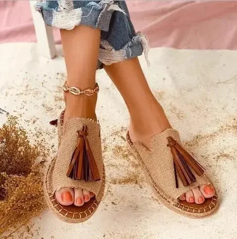 LIZAKOSHT  -  Women's Flat Sandals Resorts Handmade Tassels Wholesale Summer Shoes for Women Retro Design Female Slides Mules Size 41-43