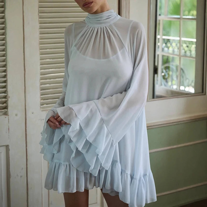 LIZAKOSHT  -  Temperament Stand Collar Pleated Beach Holiday Dress Casual Cape Style Ruffle Edge Short Dress Elegant Solid Flared Sleeve Dress