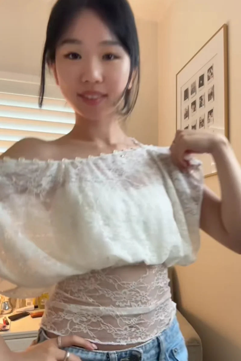 LIZAKOSHT  -  Stylish Delicate Lace Off Shoulder Short Tops Holiday Style Buttons Waist-cinching Shirts Lady Club Party Popular Streetwears