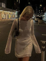 LIZAKOSHT  -  Women Sequins Evening Mini Dresses Y2K Sexy Backless Long Sleeve O Neck Lady Short Dress Elegant New Fashion Party Vestidos